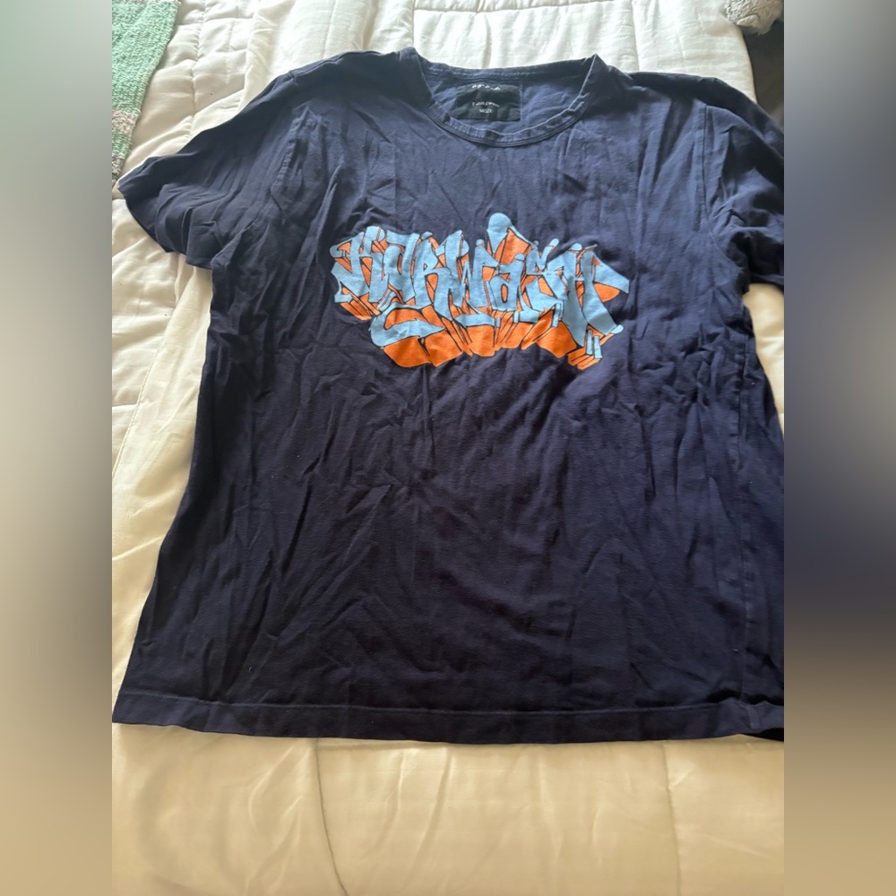 Agnes B. Navy Blue Tee with Orange and Blue Graphic